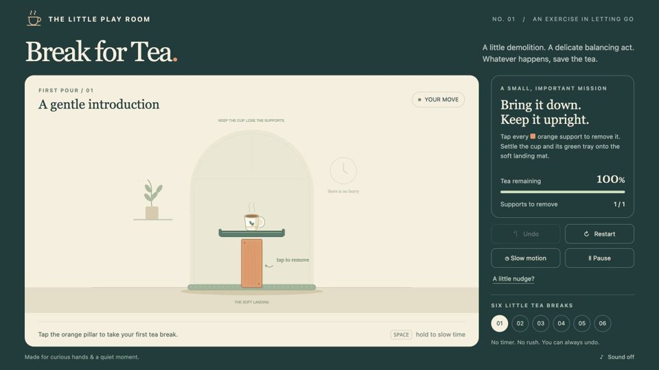 Break for Tea: a teacup balanced on a tower